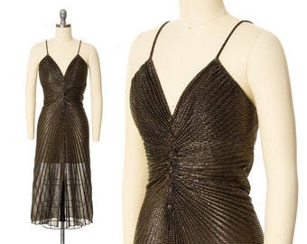 Vintage 1980s Dress | 80s does 50s Marilyn Monroe Travilla Style Metallic Lurex Gold Pleated Cocktail Evening Party Gown (x-small/small)