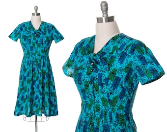 Vintage 1960s Shirt Dress | 60s Floral Geometric Cotton Blue Green Rhinestone Button Up Fit Flare Printed Day Dress (large)