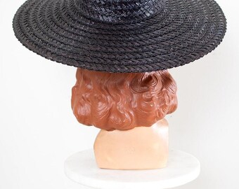 Vintage 1970s Sun Hat | 70s Does 1950s Black Straw Wide Brim 