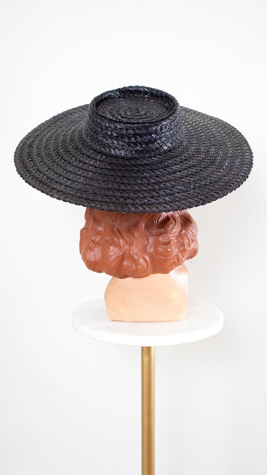 Vintage 1970s Sun Hat | 70s Does 1950s Black Straw Wide Brim  display picture 2