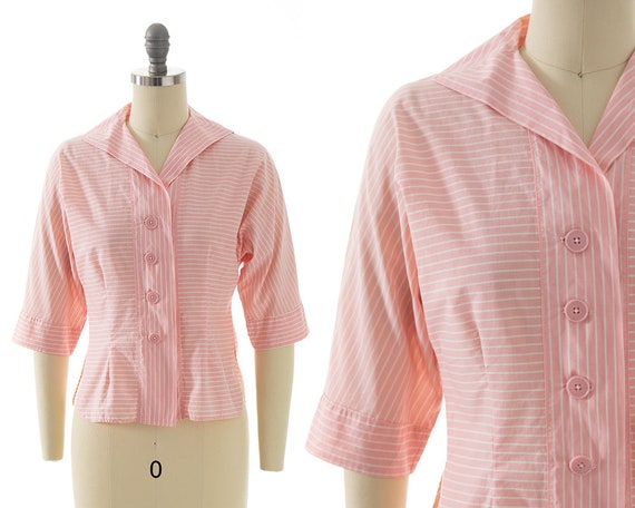 Vintage 1950s Blouse | 50s Striped Cotton Pastel … - image 1