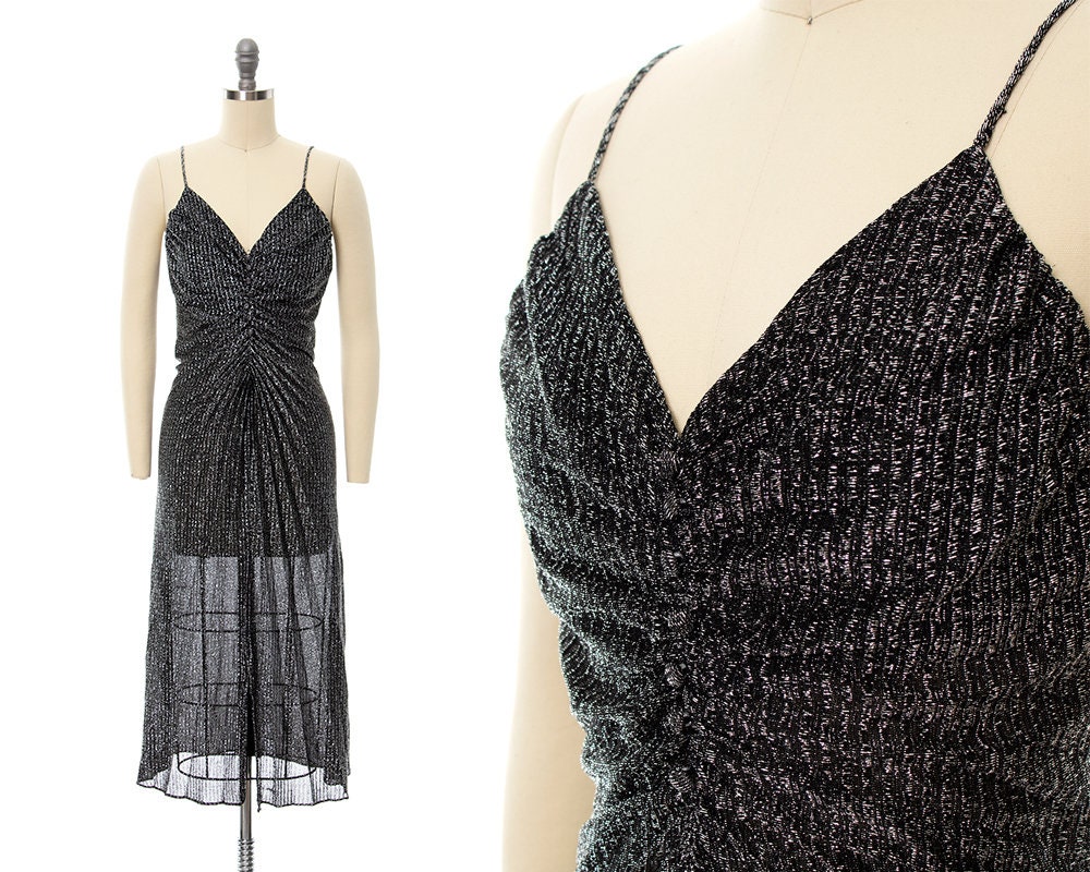 Vintage 1980s Party Dress | 80s Metallic Sparkly Lurex Black Silver Travilla Style Accordion Pleated Wiggle Cocktail Evening Dress (x-small)
