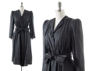 Vintage 1980s Dress Coat | 80s ALBERT NIPON Black Silk Belted Fit and Flare Belted Lightweight Princess Coat (small)