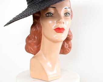 Vintage 1970s does 1950s Black Straw Wide Brim Summer Sun Hat (3 Available) Vintage 1970s Sun Hat | 70s Does 1950s Black Straw Wide Brim  main image 2
