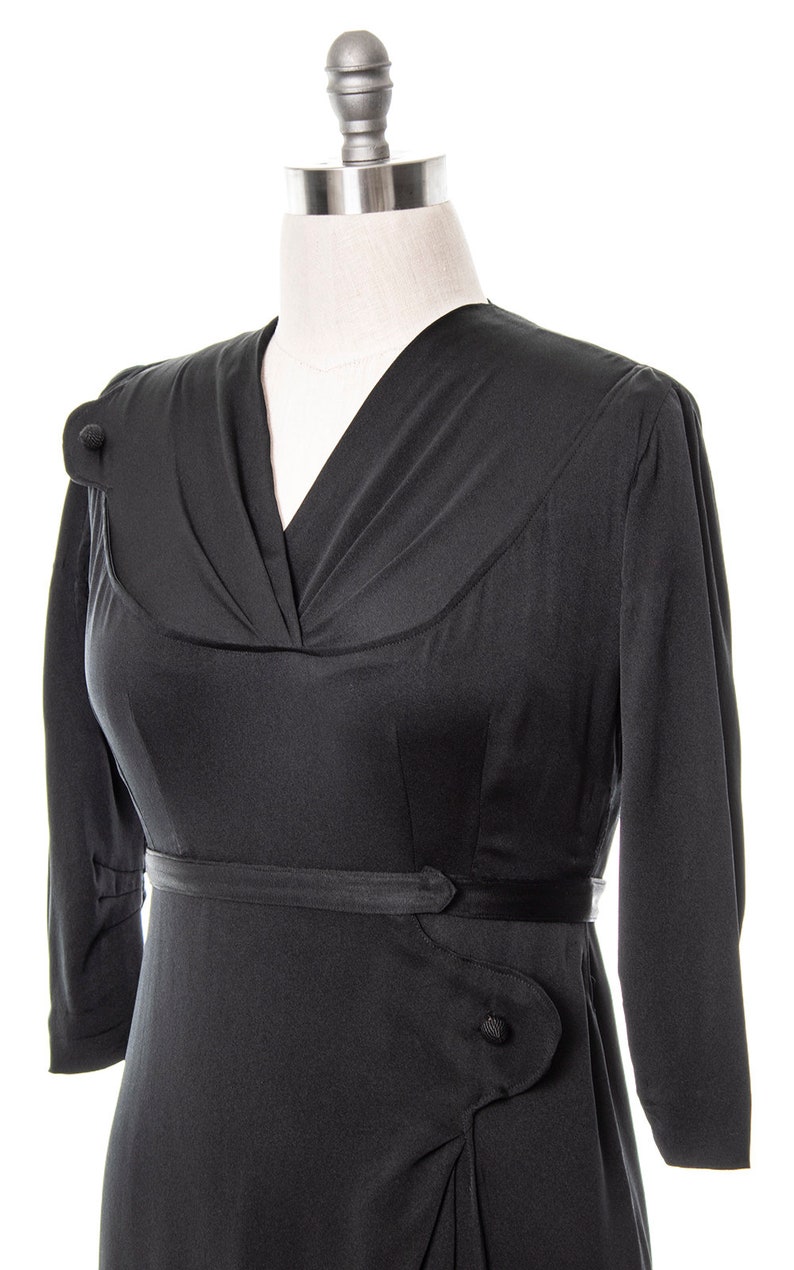 Vintage 1930s Dress 30s Black Silk Faille Draped Hip Sarong Skirt Sheath Cocktail Little Black Dress LBD Wiggle Dress medium/large image 5