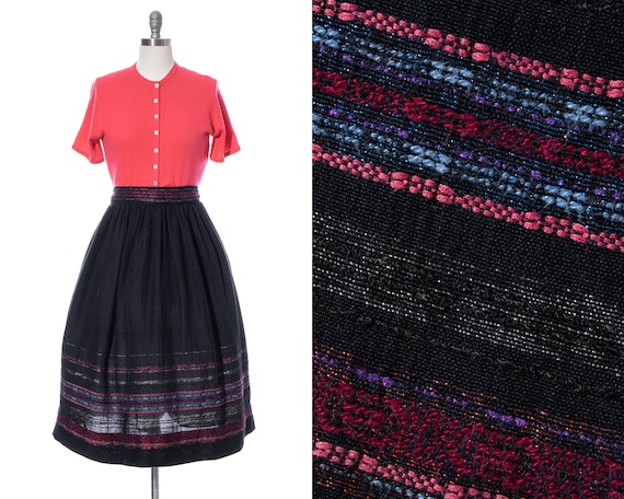 Vintage 1960s Skirt | 60s Striped Border Hand Wov… - image 1