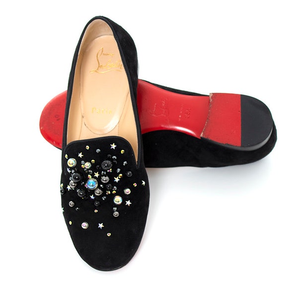 CHRISTIAN LOUBOUTIN Mocassini moderni / Pelle scamosciata nera borchiata con perline Tacco basso Fondo rosso Flats (taglia U S 5/5.5 / E U 35.5)