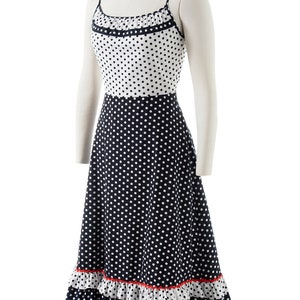 Vintage 1970s Sundress 70s does 1950s Polka Dot Color Black Cotton Tiered Spaghetti Strap Fit and Flare Day Dress small/medium image 4