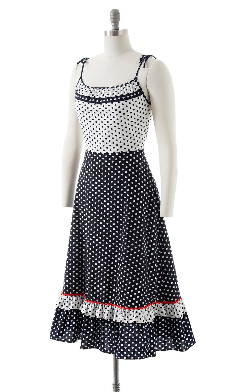 Vintage 1970s Sundress 70s does 1950s Polka Dot Color Black Cotton Tiered Spaghetti Strap Fit and Flare Day Dress small/medium image 4