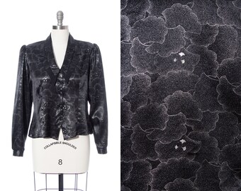 Vintage 1980s Blouse | 80s Floral Clouds Pointillist Metallic Printed Wet Look Black Satin Long Sleeve Button Up Top (medium/large)