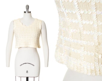 Vintage 1960s Crop Top | 60s Sequin Knit Wool Sweater Cream Sleeveless Party Cocktail Blouse (small/medium)