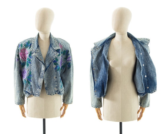 Vintage 1990s Jean Jacket | 90s Hand Painted Rose… - image 5