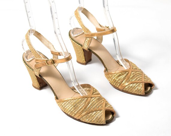 Vintage 1930s High Heels | 30s Metallic Gold Mesh