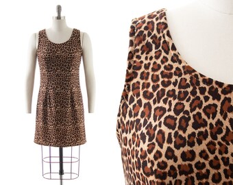 Vintage 1990s Sundress | 90s Leopard Animal Print Stretchy Wiggle Bodycon Cocktail Club Dress (small)