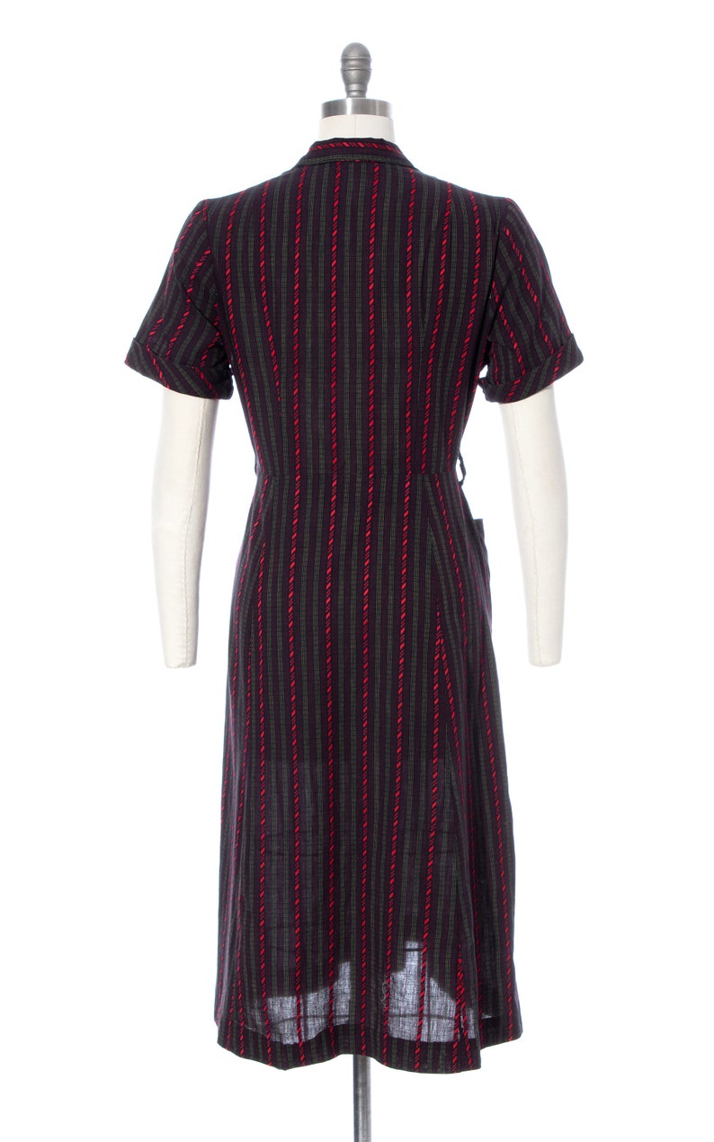 Vintage 1950s Shirt Dress 50s Striped Cotton Black Red Button Up Sheath Wiggle Dress with Pocket medium image 4