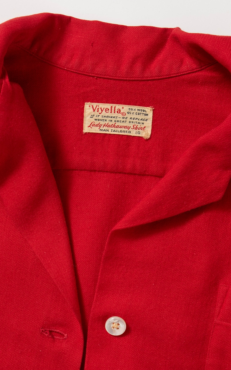Vintage 1950s Blouse 50s Red Wool Cotton Button Up Man Tailored Long Sleeve Button Up Top small/medium image 8