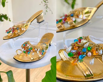 Vintage 1960s Sandals 60s Colorful Beaded Fringe Metallic Gold - Main Image