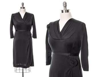 Vintage 1930s Dress | 30s Black Silk Faille Draped Hip Sarong Skirt Sheath Cocktail Little Black Dress LBD Wiggle Dress (medium/large)