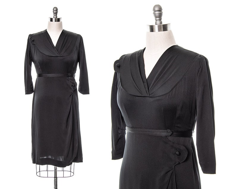 Vintage 1930s Dress 30s Black Silk Faille Draped Hip Sarong Skirt Sheath Cocktail Little Black Dress LBD Wiggle Dress medium/large image 1