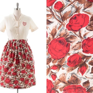 Vintage 1950er Jahre Hemdkleid | 50er Jahre Blumen Muster Kleid aus Baumwolle mit Rosenmuster ( medium )