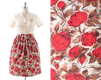 Vintage 1950s Shirt Dress | 50s Rose Floral Printed Cotton Shirtwaist Day Dress (medium)