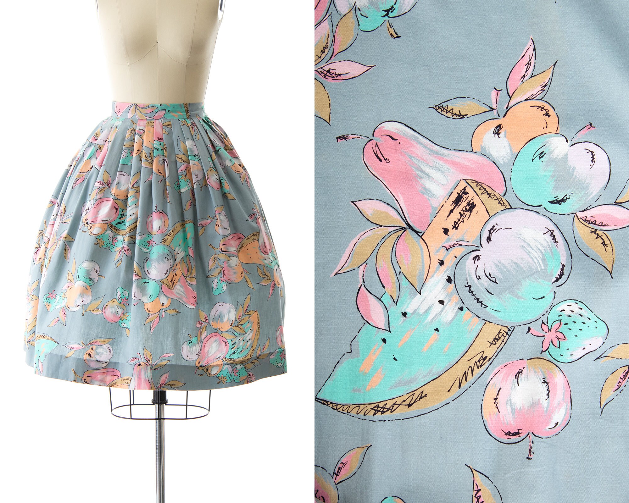 Vintage 1950s Skirt | 50s Fruit Food Novelty Print Blue Cotton High Waisted Full Swing Skirt (x-small)