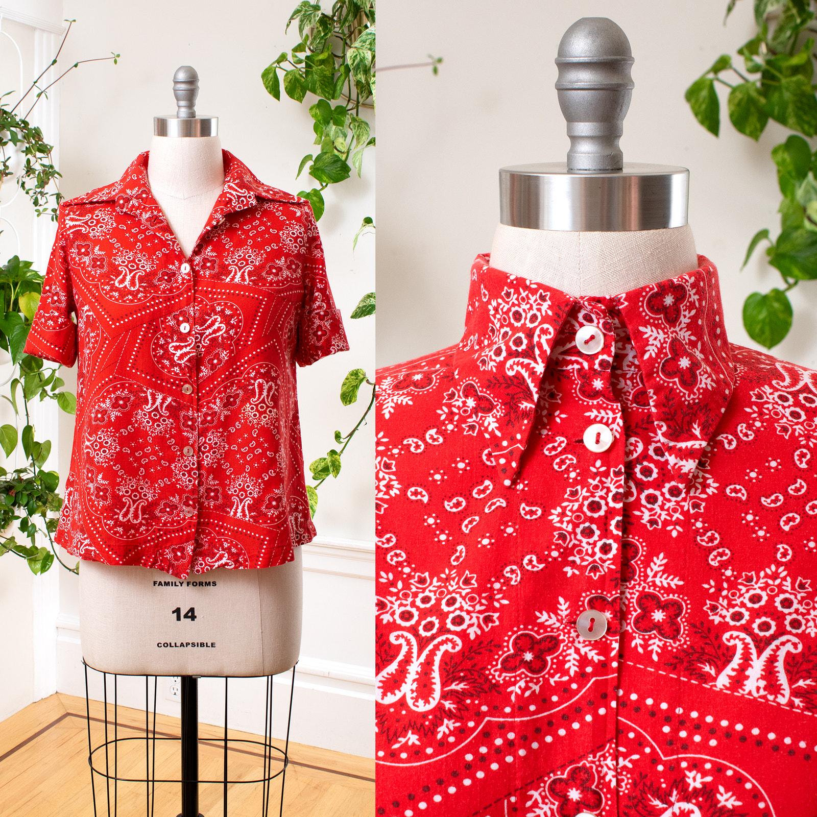 Vintage 1960s Shirt | 60s Red Bandana Print Cotton Button Down