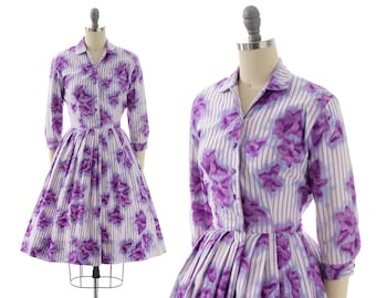Vintage 1950s Shirt Dress | 50s Striped Floral Printed Cotton White Purple Fit and Flare Button Up Shirtwaist Day Dress (x-small)