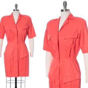 Vintage 1980er Jahre Hemdkleid | 80er THIERRY MUGLER Hot Salmon Pink Cotton Short Sleeve Wiggle Etui Day Designer Kleid mit Taschen (medium)