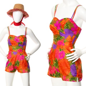 Vintage 1960s Playsuit | 60s Hawaiian Floral Printed Tropical Shirred Spaghetti Strap Pink Orange Swimsuit Shorts Romper (x-small/small)