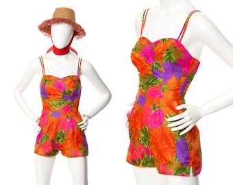 Vintage 1960s Playsuit | 60s Hawaiian Floral Printed Tropical Shirred Spaghetti Strap Pink Orange Swimsuit Shorts Romper (x-small/small)