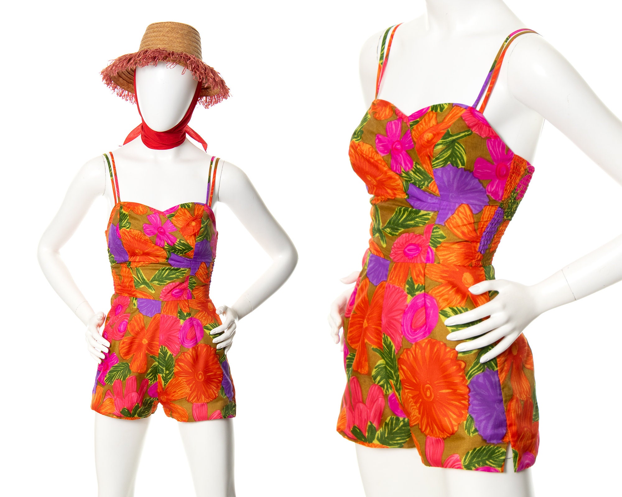 Tuta vintage anni '60 / Costume da bagno con spalline sottili rosa arancioni con stampa floreale hawaiana anni '60 (x-small/small)