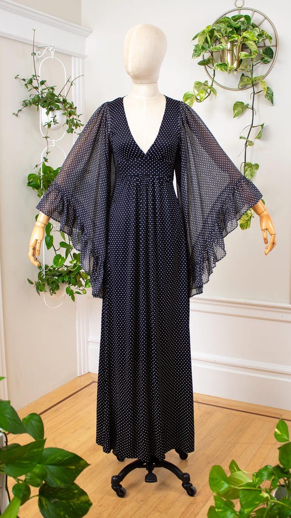 Vintage 1970s Maxi Dress | 70s Polka Dot Black Angel Sleeve Maxi Bohemian Goth Gown | x-small/small