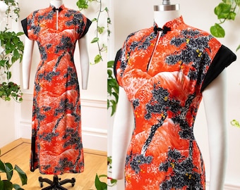 Vintage 1950s Pake Muu | 50s Cold Rayon Hawaiian Aloha Novelty Print Red Orange Tiki Cheongsam Sheath Maxi Gown | small