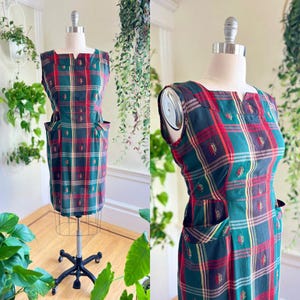 Vintage 1950s Dress | 50s Plaid Tartan Cotton Sleeveless Fall Autumn Secretary Wiggle Sundress | large