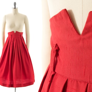 Vintage 1940s Skirt 40s Lipstick Red Cotton Extra High Waisted Pleated Full Swing Skirt x-small image 1