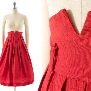 Vintage 1940er Jahre Rock | 40s Lipstick Red Cotton Extra hoch taillierter plissierter Rock (x-small)