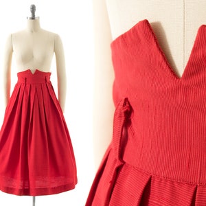 Vintage 1940s Skirt 40s Lipstick Red Cotton Extra High Waisted Pleated Full Swing Skirt x-small image 1