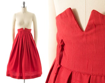 Vintage 1940s Skirt | 40s Lipstick Red Cotton Extra High Waisted Pleated Full Swing Skirt (x-small)