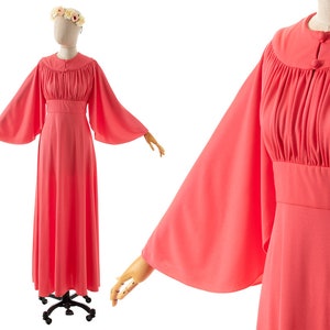 Vintage 1970s Maxi Dress | 70s Salmon Pink Jersey Angel Sleeve Grecian Empire Waist Full Length Gown (x-small/small)