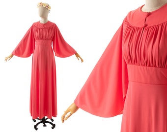 Vintage 1970s Maxi Dress | 70s Salmon Pink Jersey Angel Sleeve Grecian Empire Waist Full Length Gown (x-small/small)