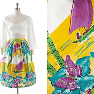 Vintage 1950s Skirt | 50s Hawaiian Novelty Border Print Cotton Tropical Island Butterfly Palm Tree Floral Full Swing Skirt (small/medium)
