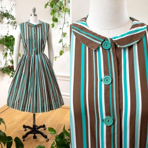 Vintage 1950s Shirt Dress | 50s Mint Chocolate Chip Striped Cotton Blue Brown Fit Flare Full Skirt Sleeveless Shirtwaist Sundress | medium
