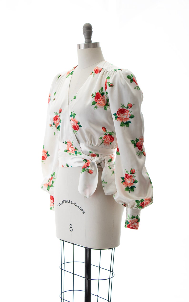 Vintage 1970s Wrap Top 70s does 1940s Rose Floral Print Satin White Long Sleeve Cropped Tie Waist Romantic Blouse x-small/small image 3