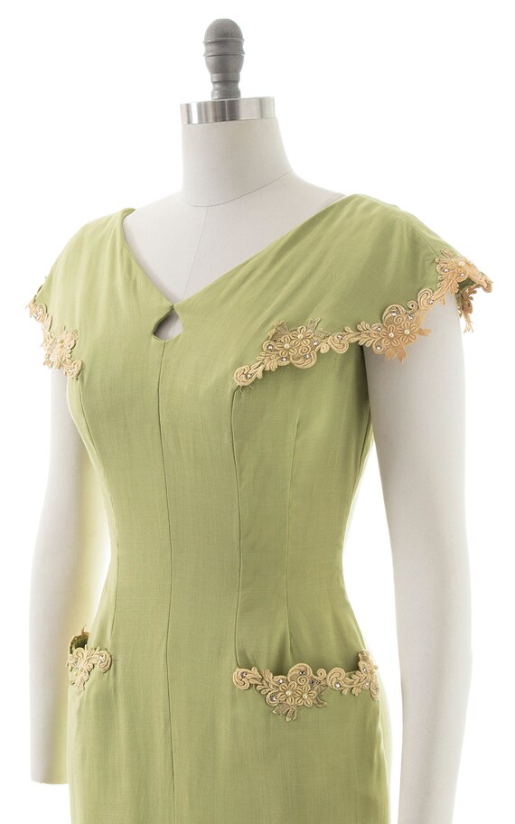 Vintage 1950s Dress | 50s Linen Lace Light Green … - image 5