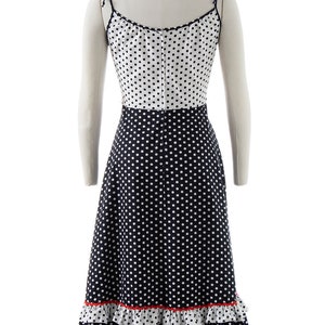 Vintage 1970s Sundress 70s does 1950s Polka Dot Color Black Cotton Tiered Spaghetti Strap Fit and Flare Day Dress small/medium image 5