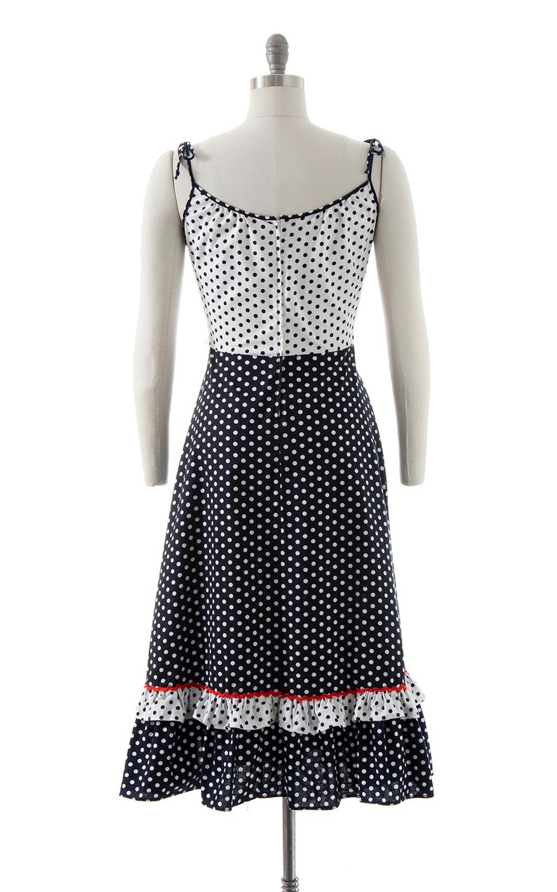 Vintage 1970s Sundress 70s does 1950s Polka Dot Color Black Cotton Tiered Spaghetti Strap Fit and Flare Day Dress small/medium image 5