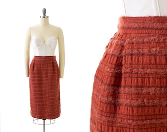 Vintage 1970s Skirt | 70s VALENTINO Boutique Burnt Rust Orange Wool Cotton High Waisted Designer Pencil Skirt (small)