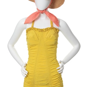 Vintage 1940s 1950s Swimsuit 40s 50s CATALINA Bright Canary Yellow Ruffled Ruched Halter One Piece Bathing Suit x-small/small image 2