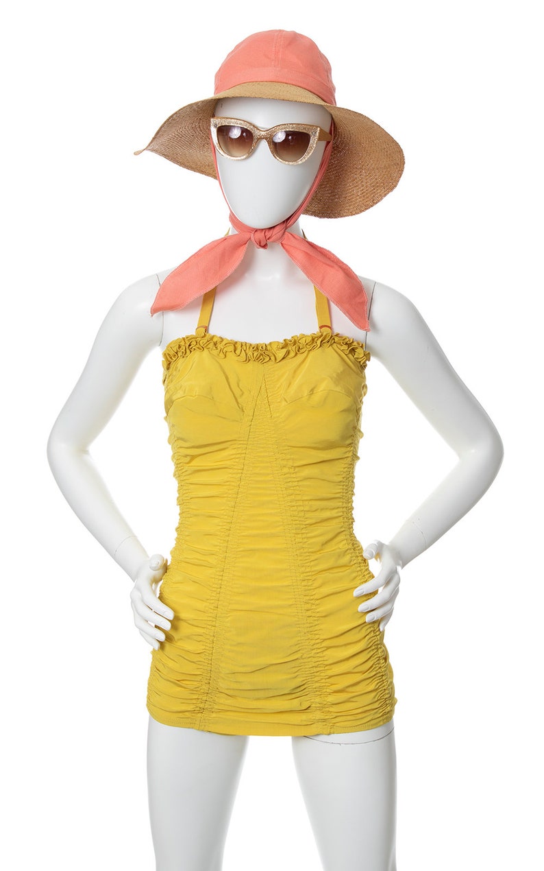 Vintage 1940s 1950s Swimsuit 40s 50s CATALINA Bright Canary Yellow Ruffled Ruched Halter One Piece Bathing Suit x-small/small image 2